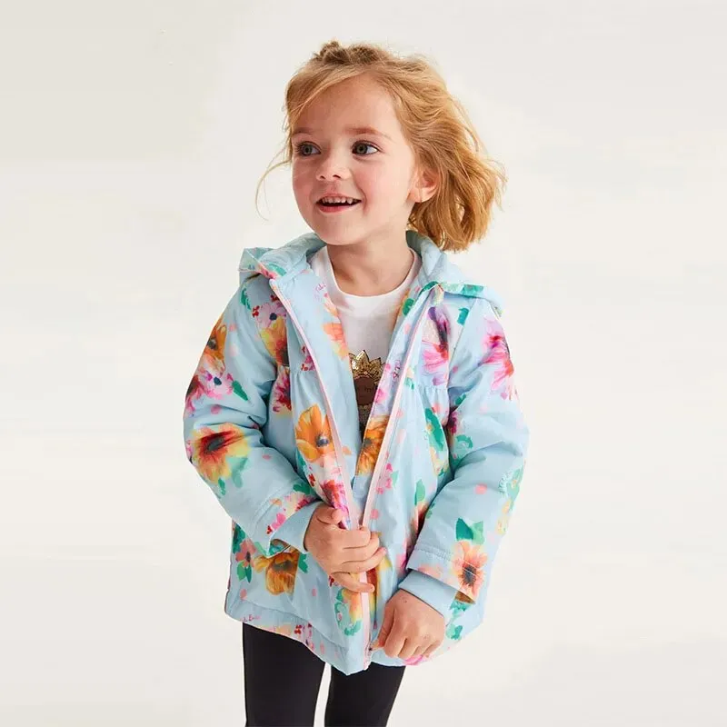 Kids Girl Flowers Cartoon Print Hooded Jackets Windbreaker