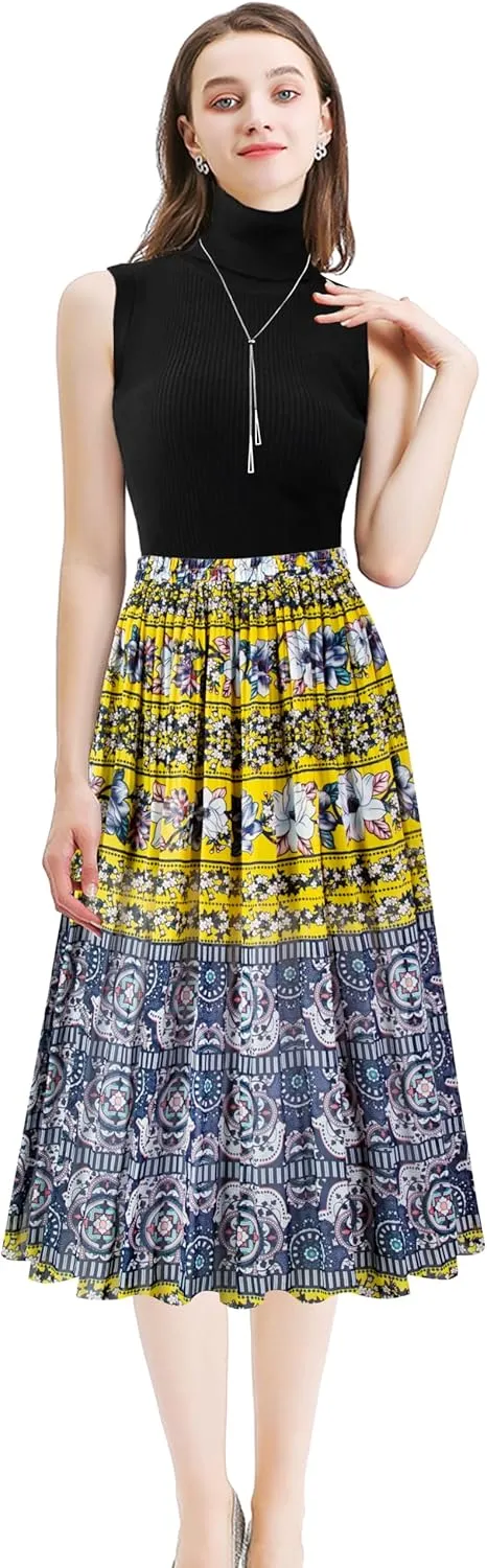 Kingfancy Women's Pleated Skirt Chiffon Elastic Waist A-Line Midi Length Skirt