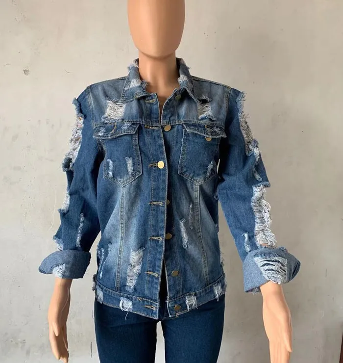 Ladies Wake pray slay distressed denim jacket