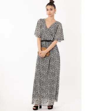 Lady Grey Leopard Print Chiffon Wrap Maxi Dress