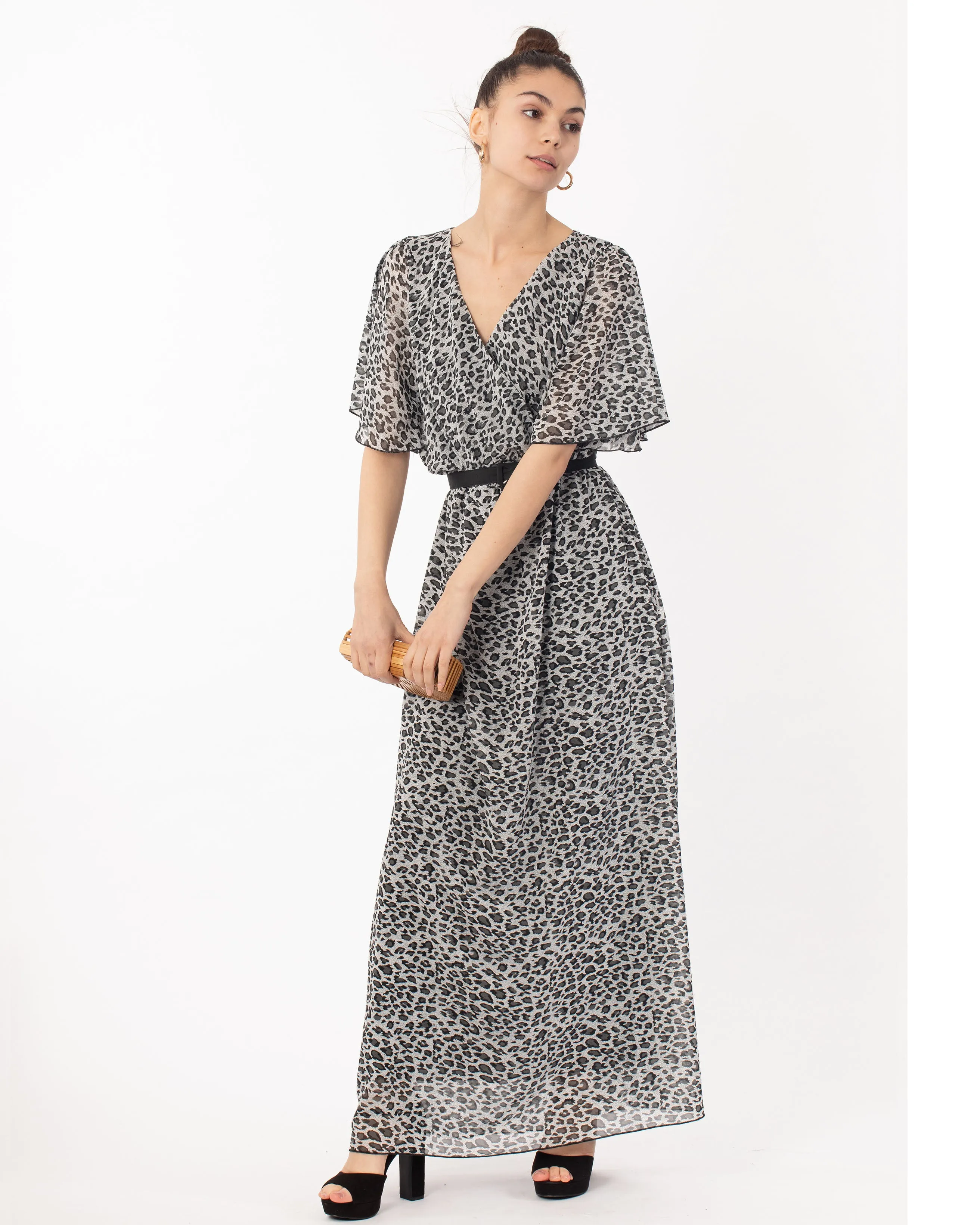 Lady Grey Leopard Print Chiffon Wrap Maxi Dress