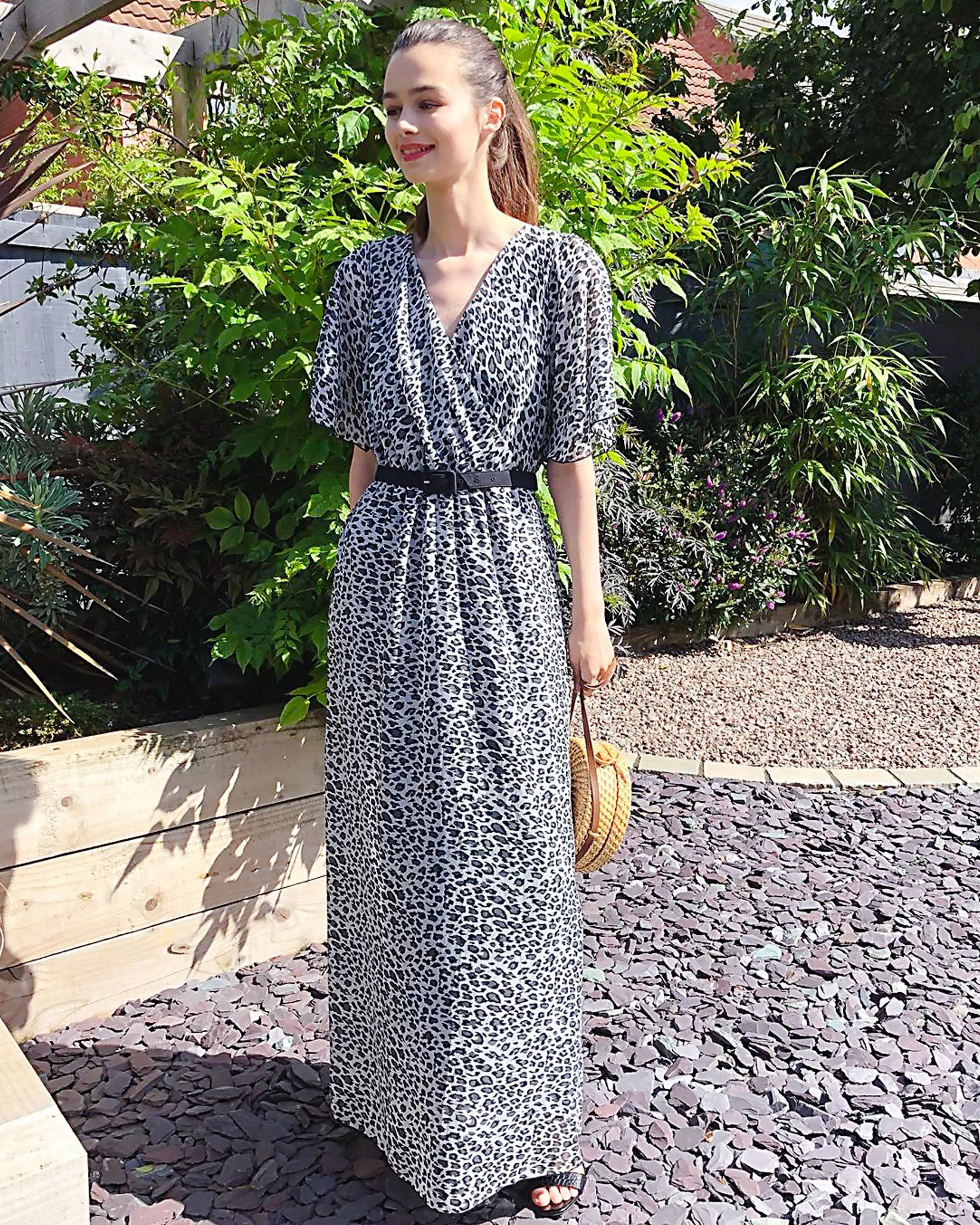 Lady Grey Leopard Print Chiffon Wrap Maxi Dress