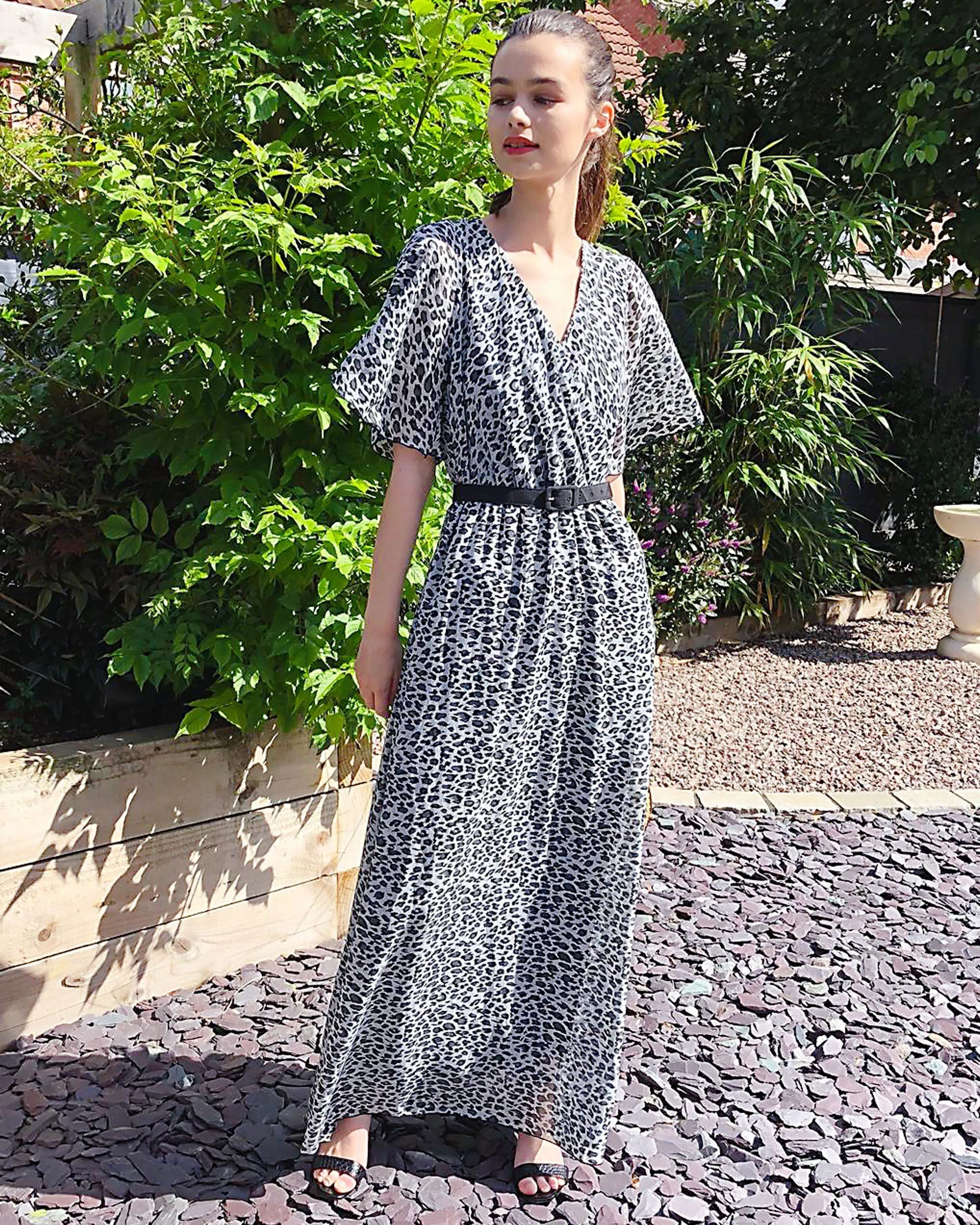 Lady Grey Leopard Print Chiffon Wrap Maxi Dress