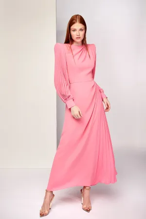 Long-Sleeved A-line Midi Dress with Pleats