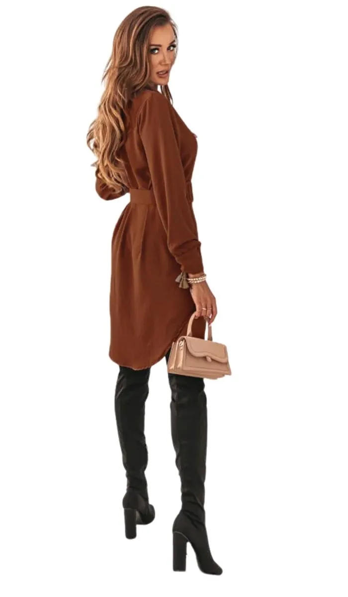 Luexco Women's Turn-down Collar Belted Shirt Dress