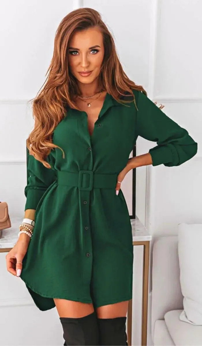 Luexco Women's Turn-down Collar Belted Shirt Dress