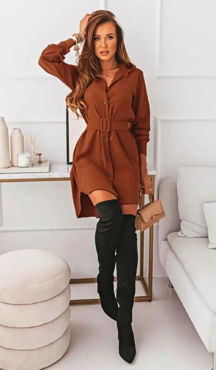 Luexco Women's Turn-down Collar Belted Shirt Dress