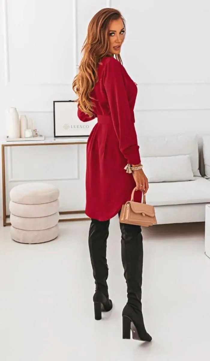 Luexco Women's Turn-down Collar Belted Shirt Dress