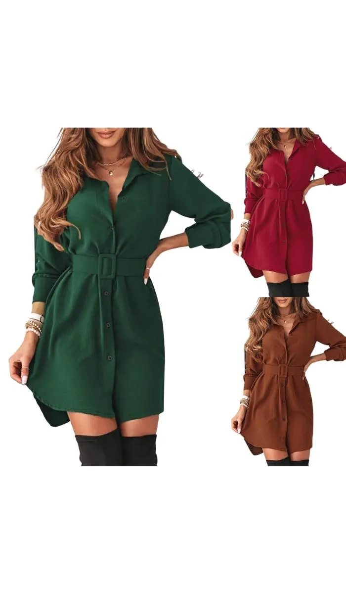 Luexco Women's Turn-down Collar Belted Shirt Dress