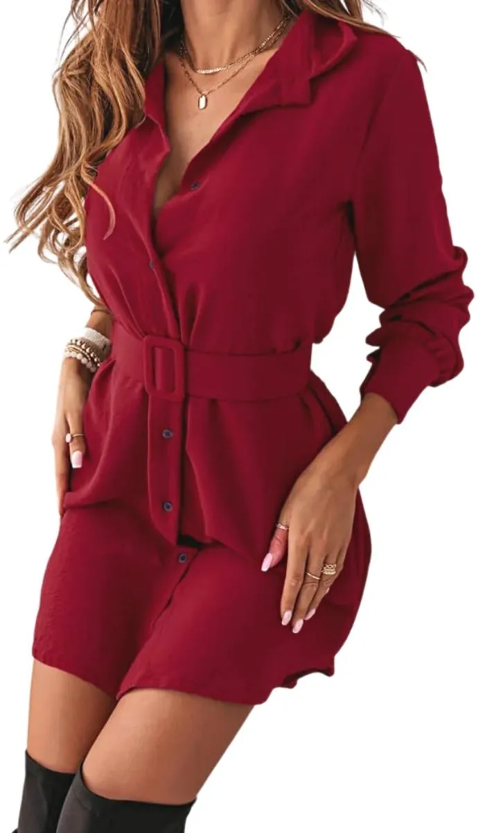 Luexco Women's Turn-down Collar Belted Shirt Dress