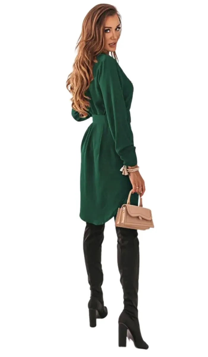 Luexco Women's Turn-down Collar Belted Shirt Dress