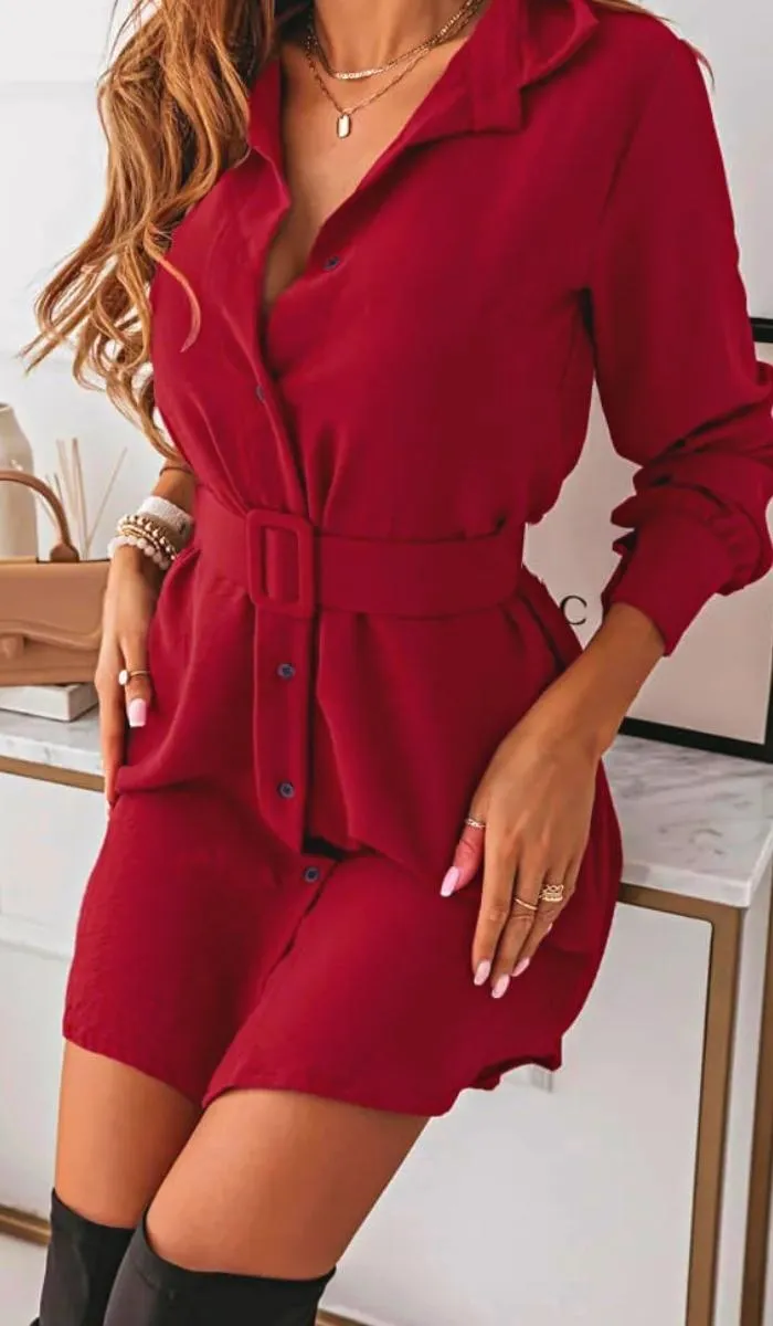 Luexco Women's Turn-down Collar Belted Shirt Dress