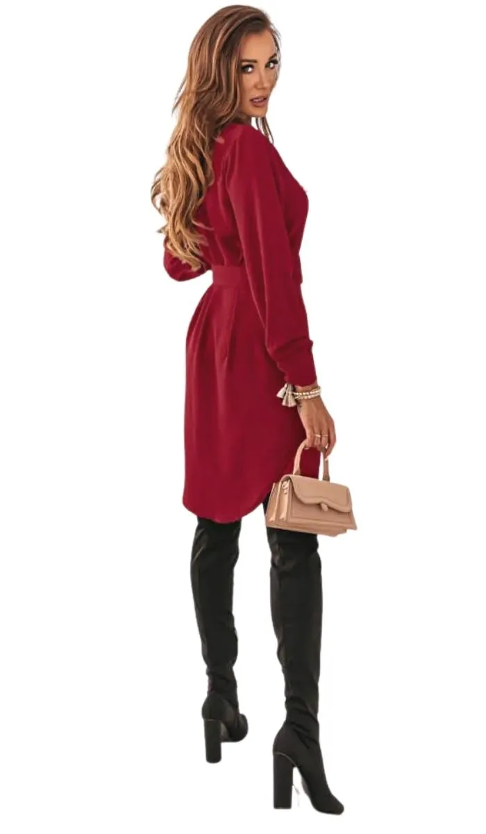 Luexco Women's Turn-down Collar Belted Shirt Dress