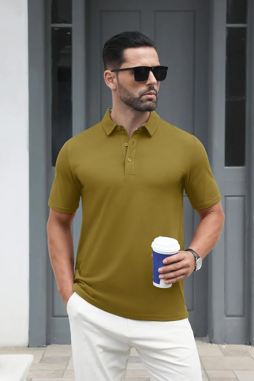 MAGCOMSEN Men's Polo Shirts Short Sleeve Cotton Pique 3 Button Classic Fit Casual T-Shirt Performance Golf Shirts