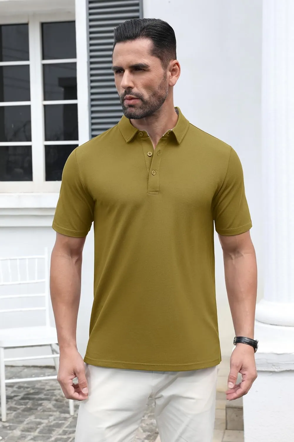 MAGCOMSEN Men's Polo Shirts Short Sleeve Cotton Pique 3 Button Classic Fit Casual T-Shirt Performance Golf Shirts