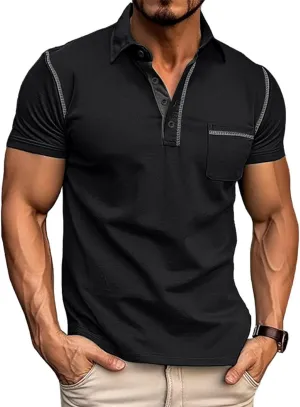 Men's Fashion Polo Shirts Classic Short Sleeve Lightweight Button Cotton T-Shirt Casual Golf Tee Tops with Pocket