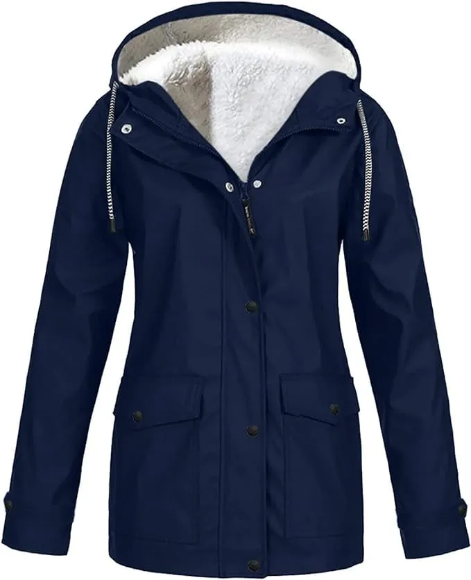 NEW Drepurja Coats for Women Winter Warm Long Sleeve Fuzzy Fleece Jackets Zip Up Hoodies Sherpa Lined Thermal Jacket, Navy, Sz XXL