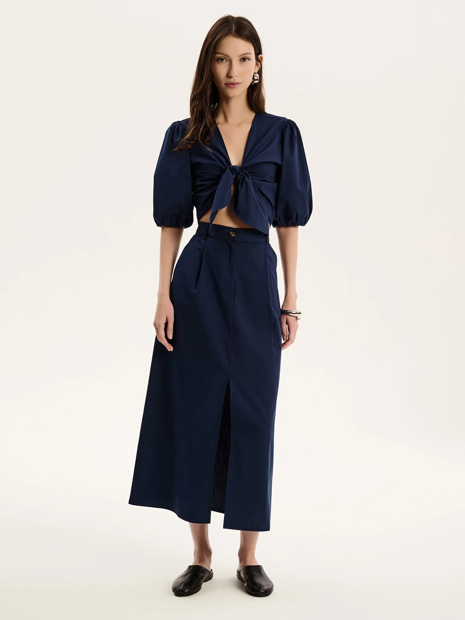 Olive A Line Midi Skirt in Navy