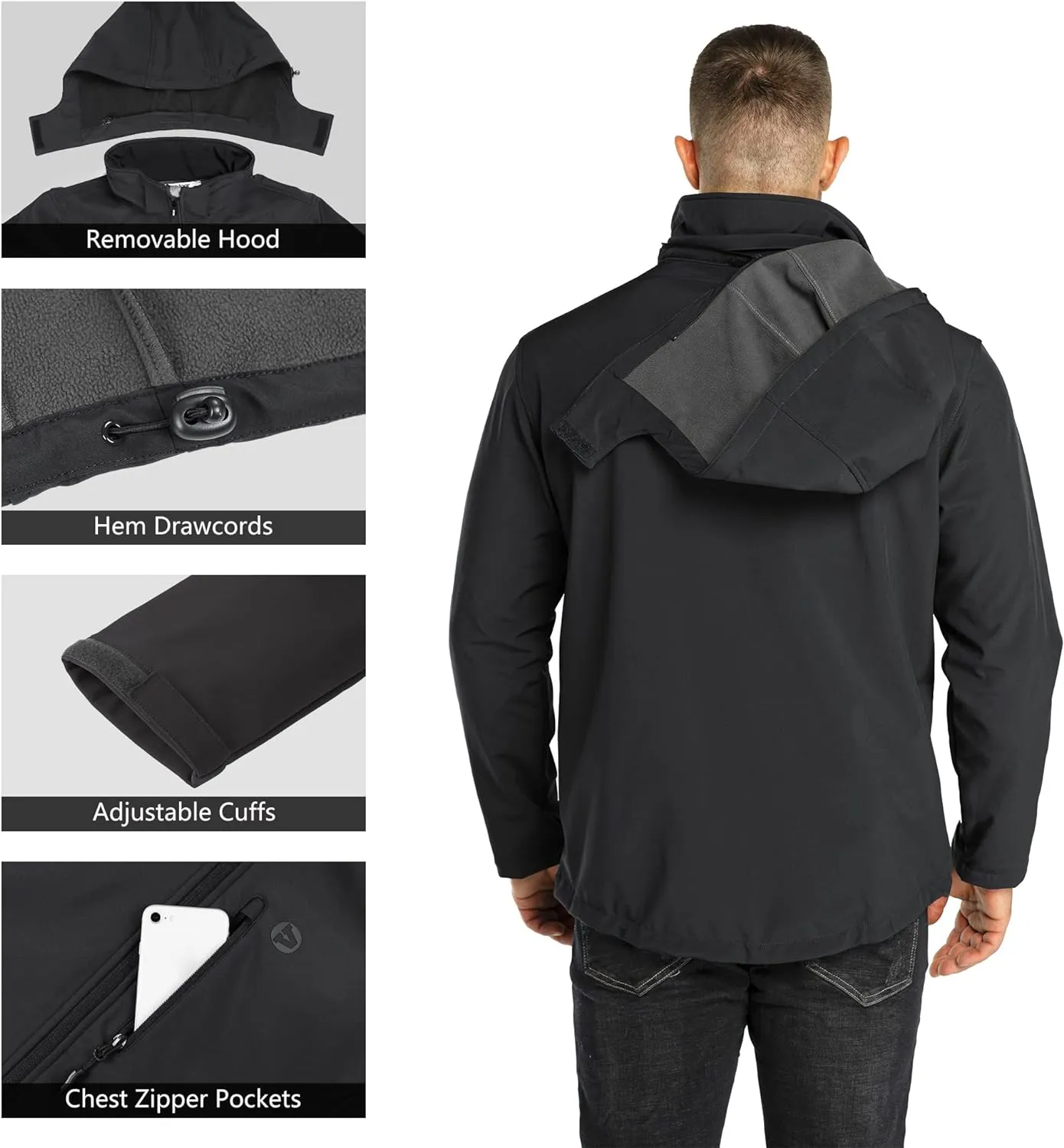 Outdoor Ventures Men's Lightweight Softshell Jacket Fleece Lined Hooded Water Resistant Winter Hiking Windbreaker Jackets