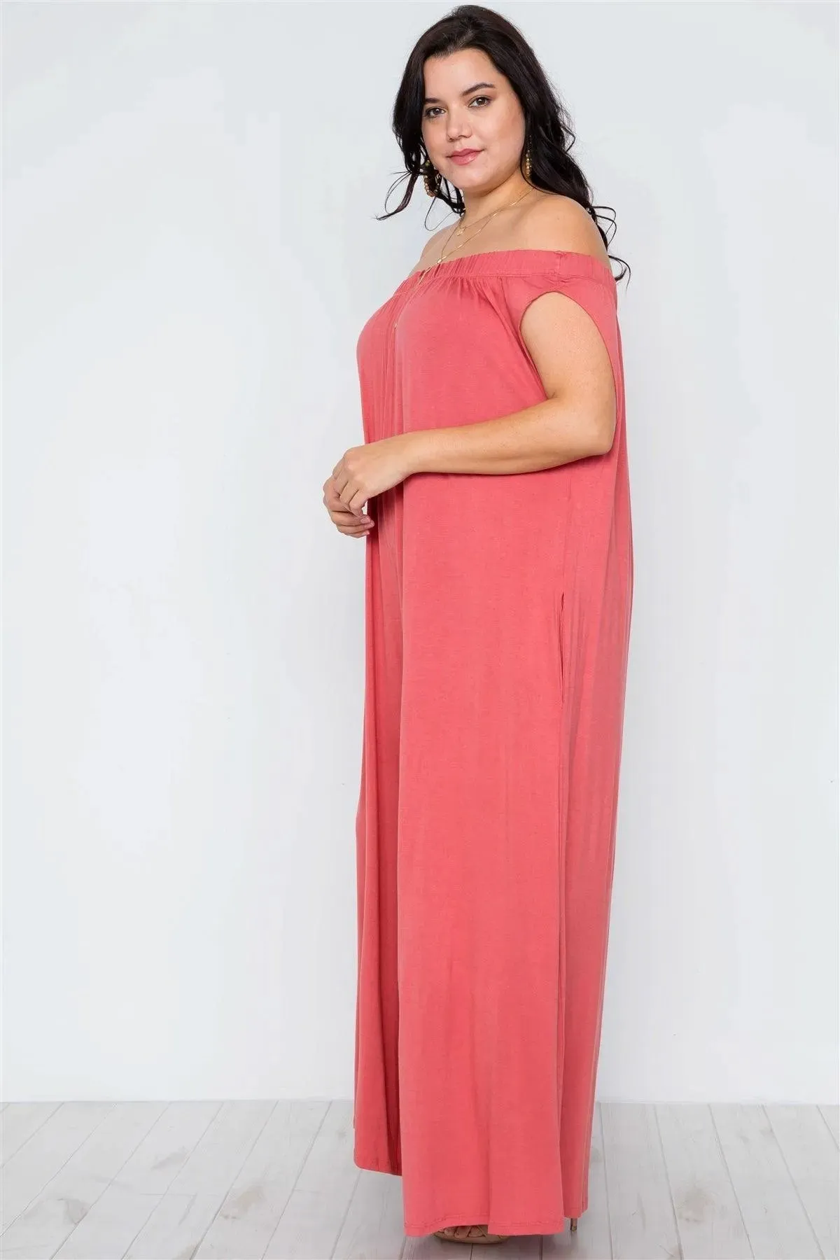 Plus Size Coral Basic Off-The-Shoulder Jumpsuit / 2-2-2