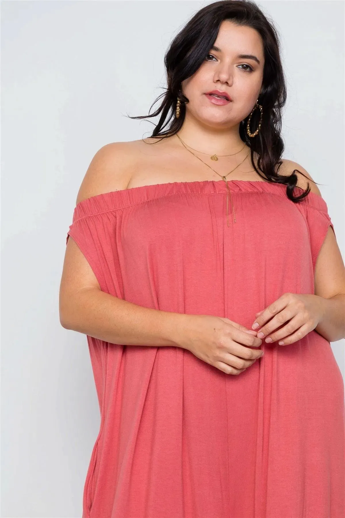 Plus Size Coral Basic Off-The-Shoulder Jumpsuit / 2-2-2