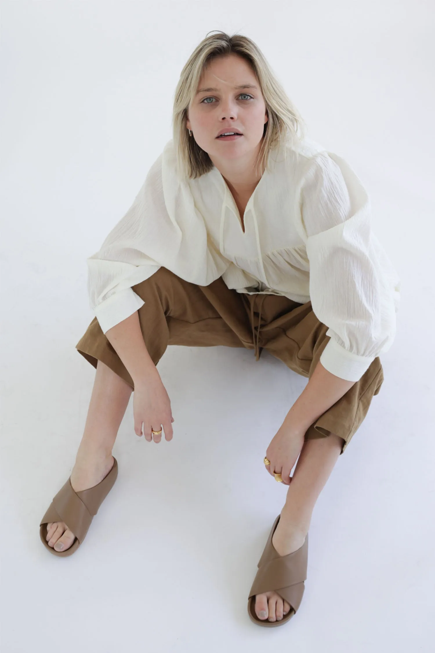 Quilted detail cotton peasant blouse