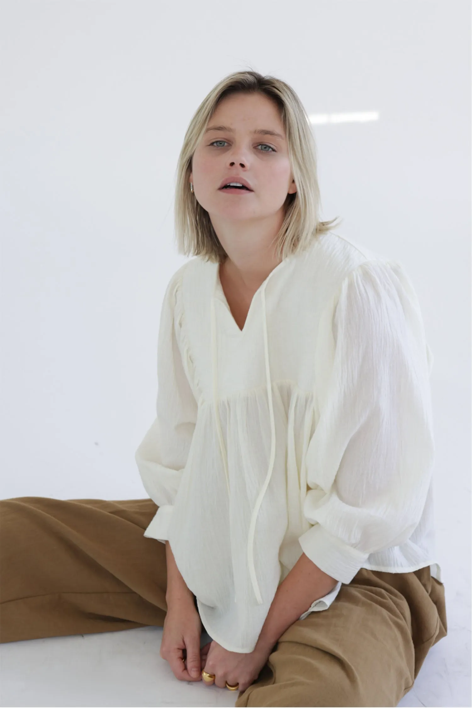 Quilted detail cotton peasant blouse