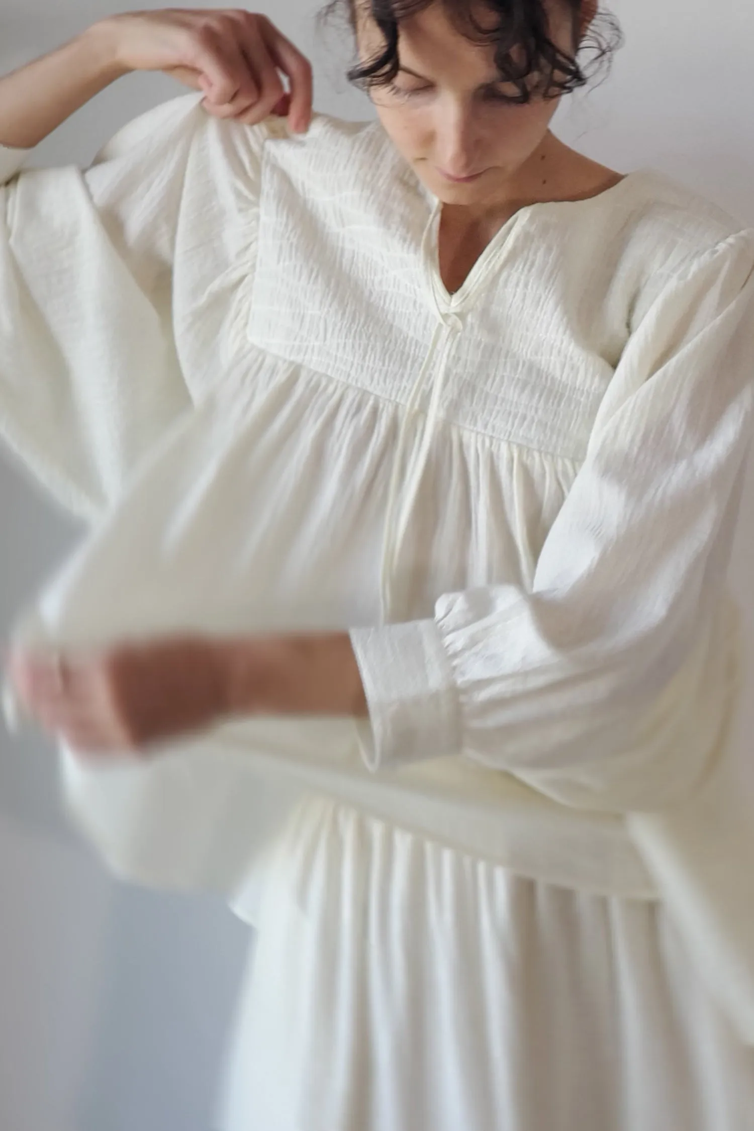 Quilted detail cotton peasant blouse