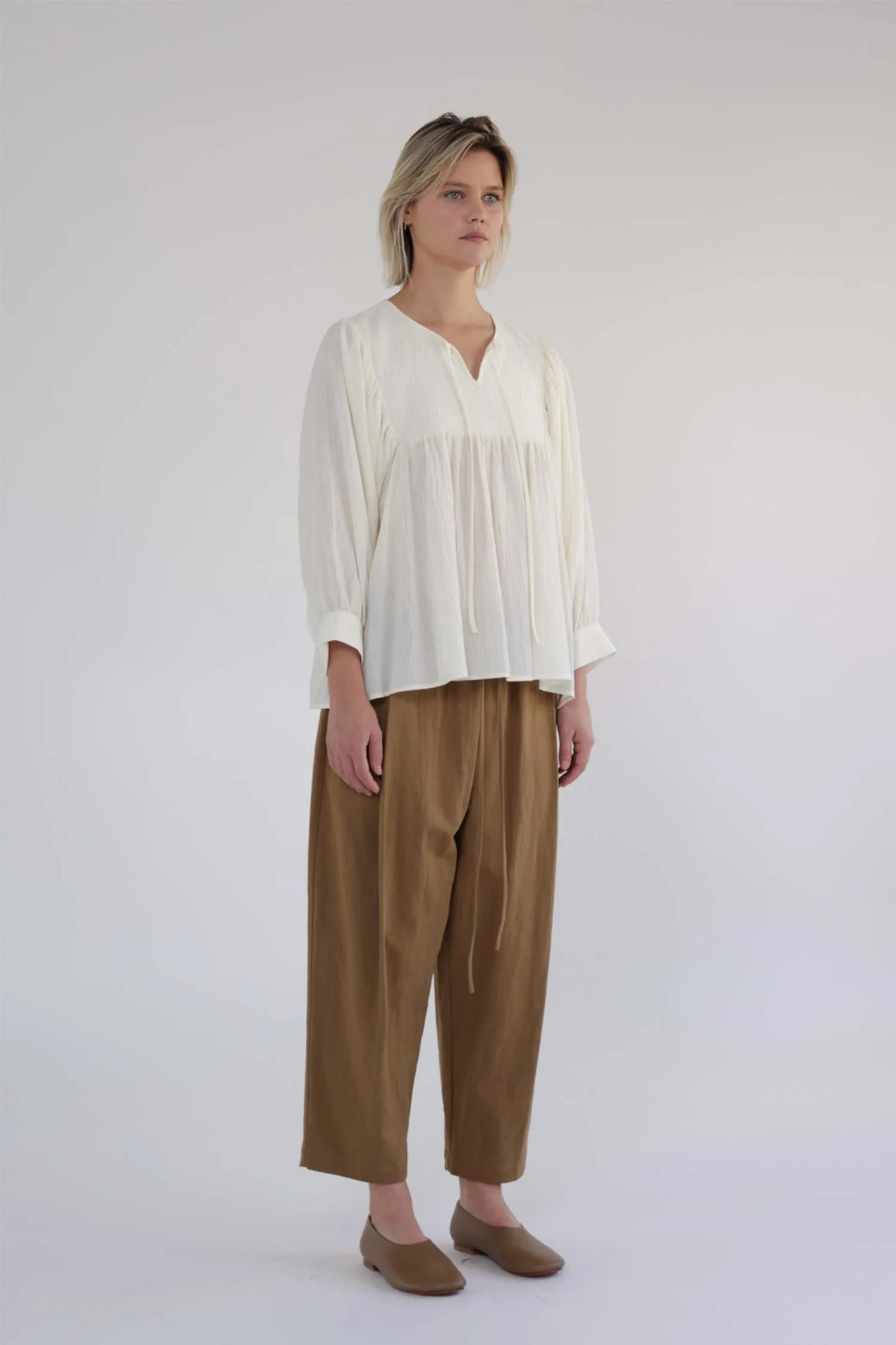 Quilted detail cotton peasant blouse