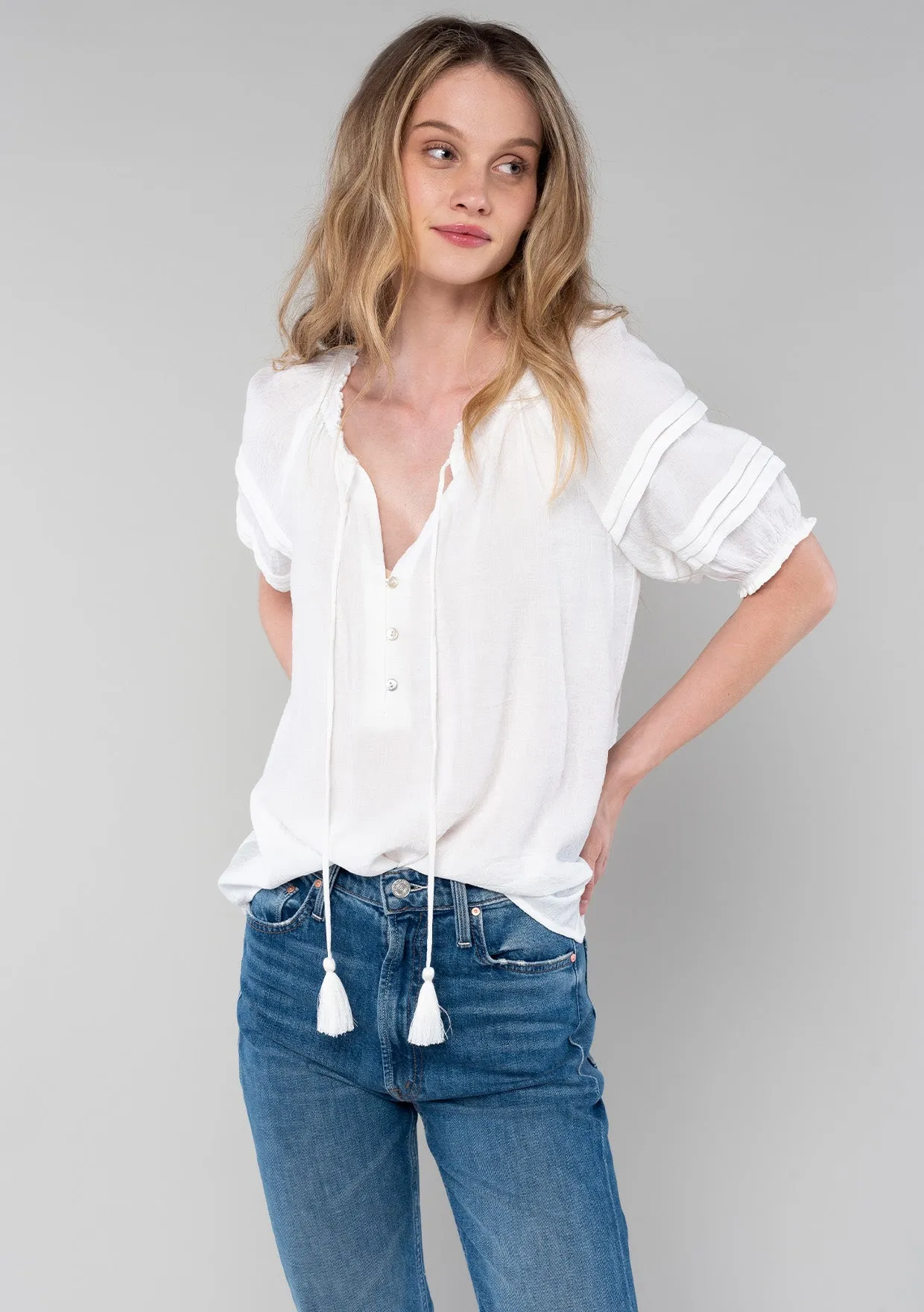 Ruffled Puff Sleeve Tassel Tie Neck Blouse