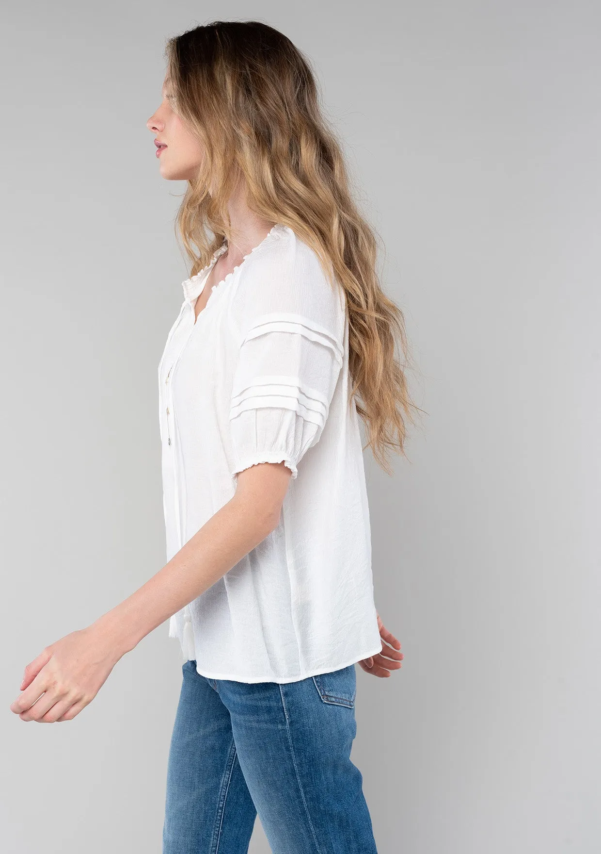 Ruffled Puff Sleeve Tassel Tie Neck Blouse