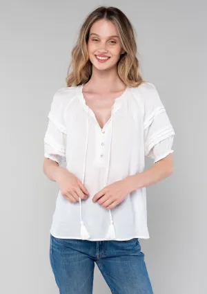Ruffled Puff Sleeve Tassel Tie Neck Blouse