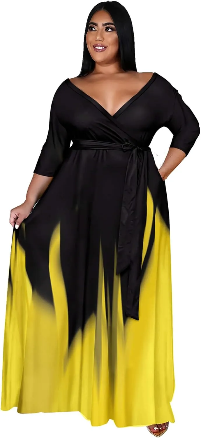 Runwind Plus Size Dress for Women - 3/4 Sleeve V Neck Printing Maxi Dresses for Women XL-6XL