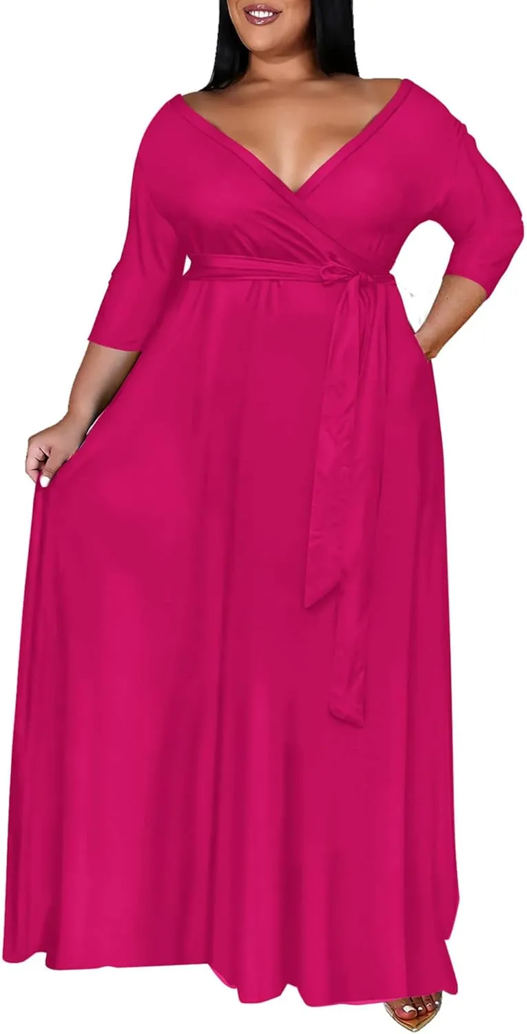 Runwind Plus Size Dress for Women - 3/4 Sleeve V Neck Printing Maxi Dresses for Women XL-6XL