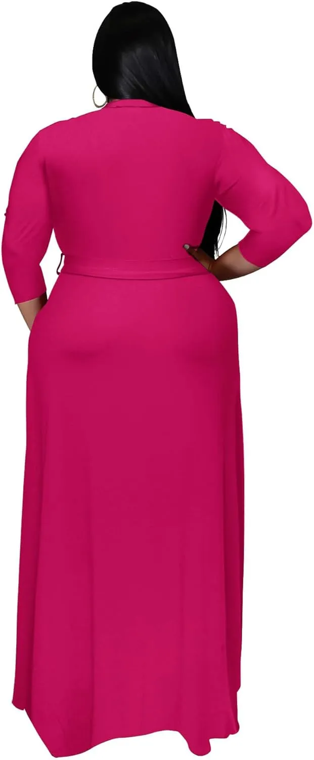 Runwind Plus Size Dress for Women - 3/4 Sleeve V Neck Printing Maxi Dresses for Women XL-6XL