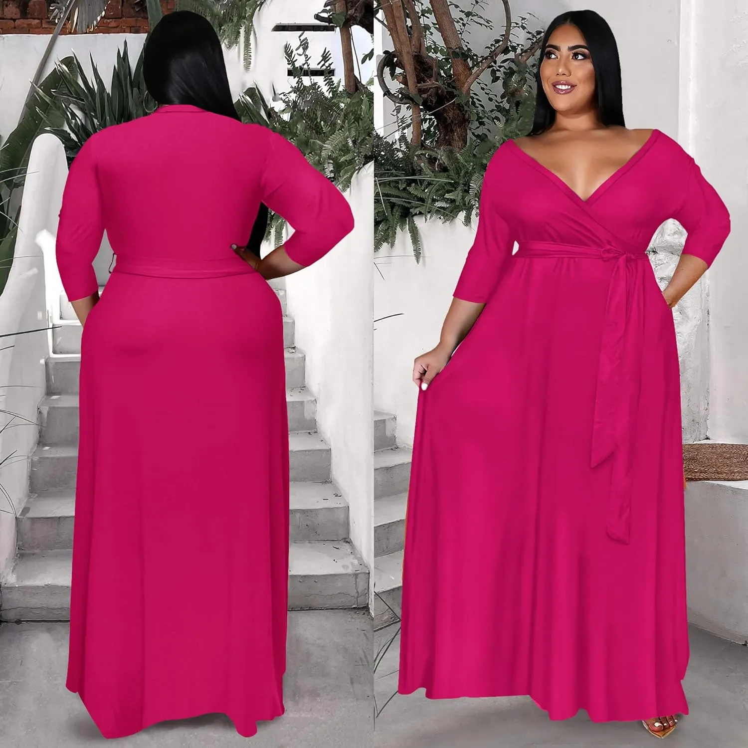 Runwind Plus Size Dress for Women - 3/4 Sleeve V Neck Printing Maxi Dresses for Women XL-6XL