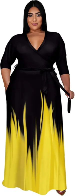 Runwind Plus Size Dress for Women - 3/4 Sleeve V Neck Printing Maxi Dresses for Women XL-6XL