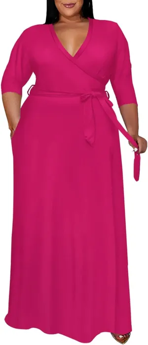 Runwind Plus Size Dress for Women - 3/4 Sleeve V Neck Printing Maxi Dresses for Women XL-6XL