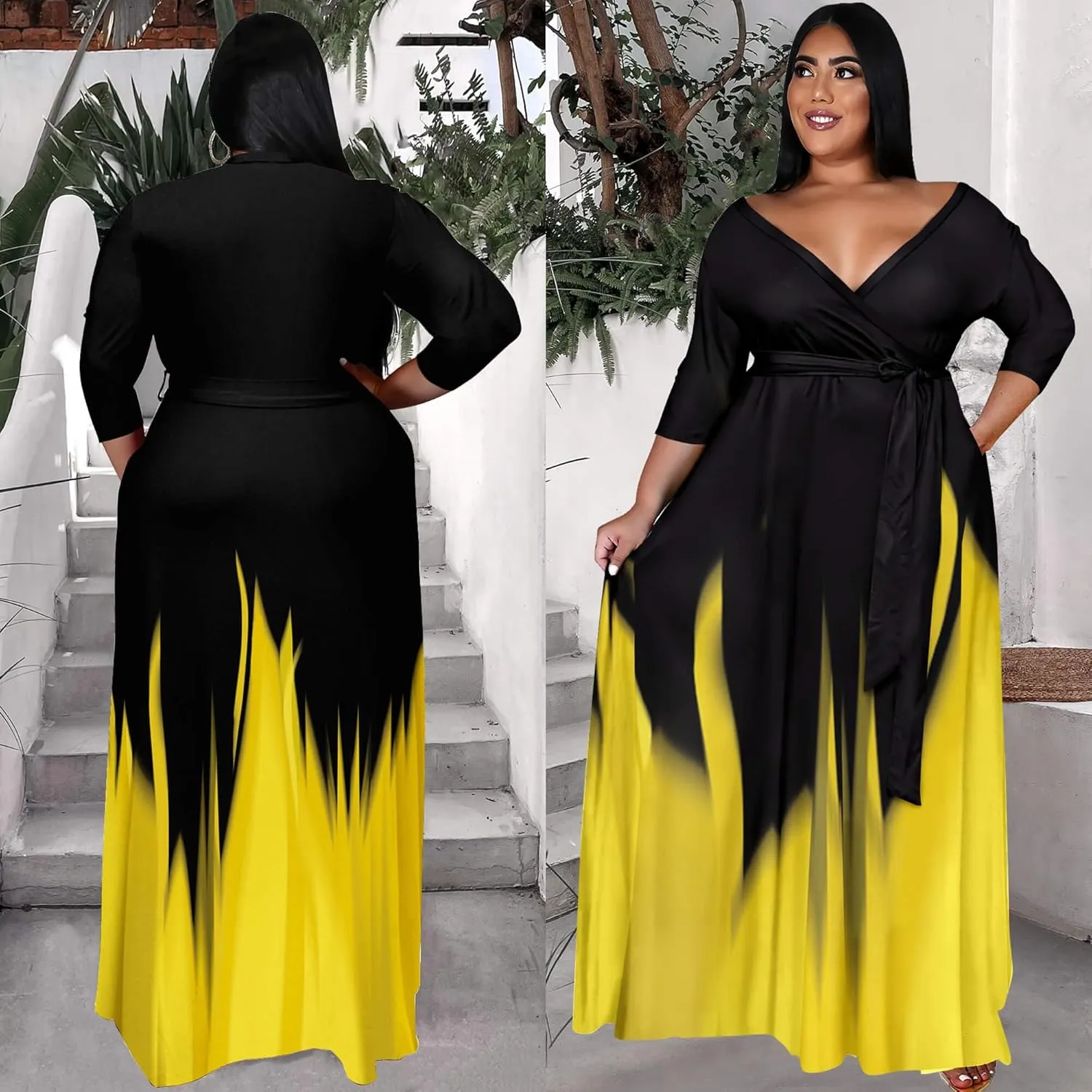 Runwind Plus Size Dress for Women - 3/4 Sleeve V Neck Printing Maxi Dresses for Women XL-6XL