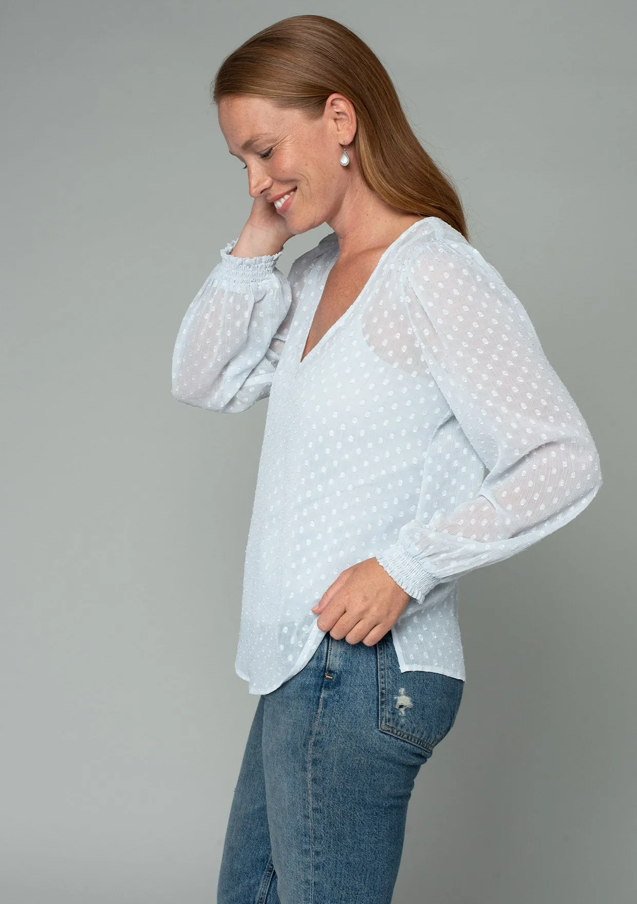 Sheer Swiss Dot Long Sleeve V Neck Blouse