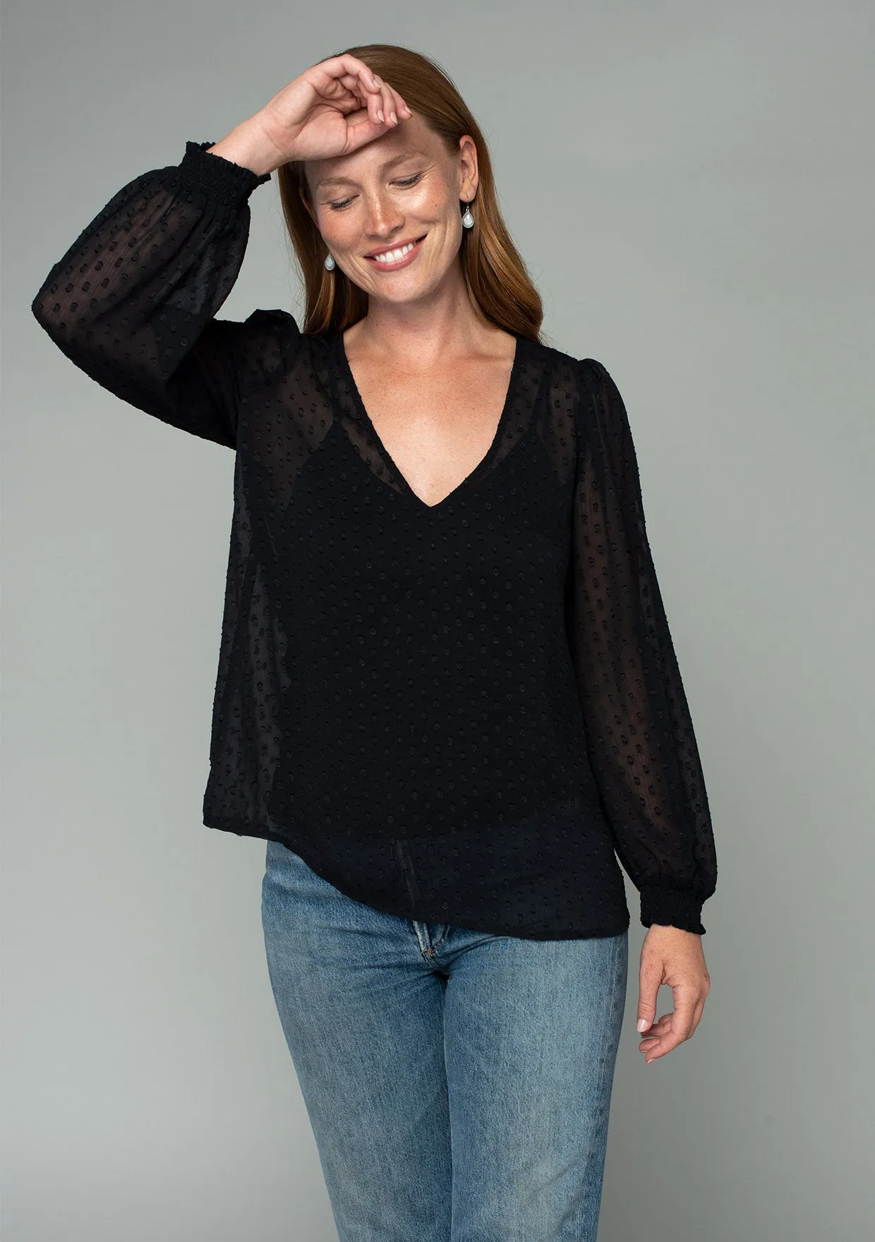 Sheer Swiss Dot Long Sleeve V Neck Blouse