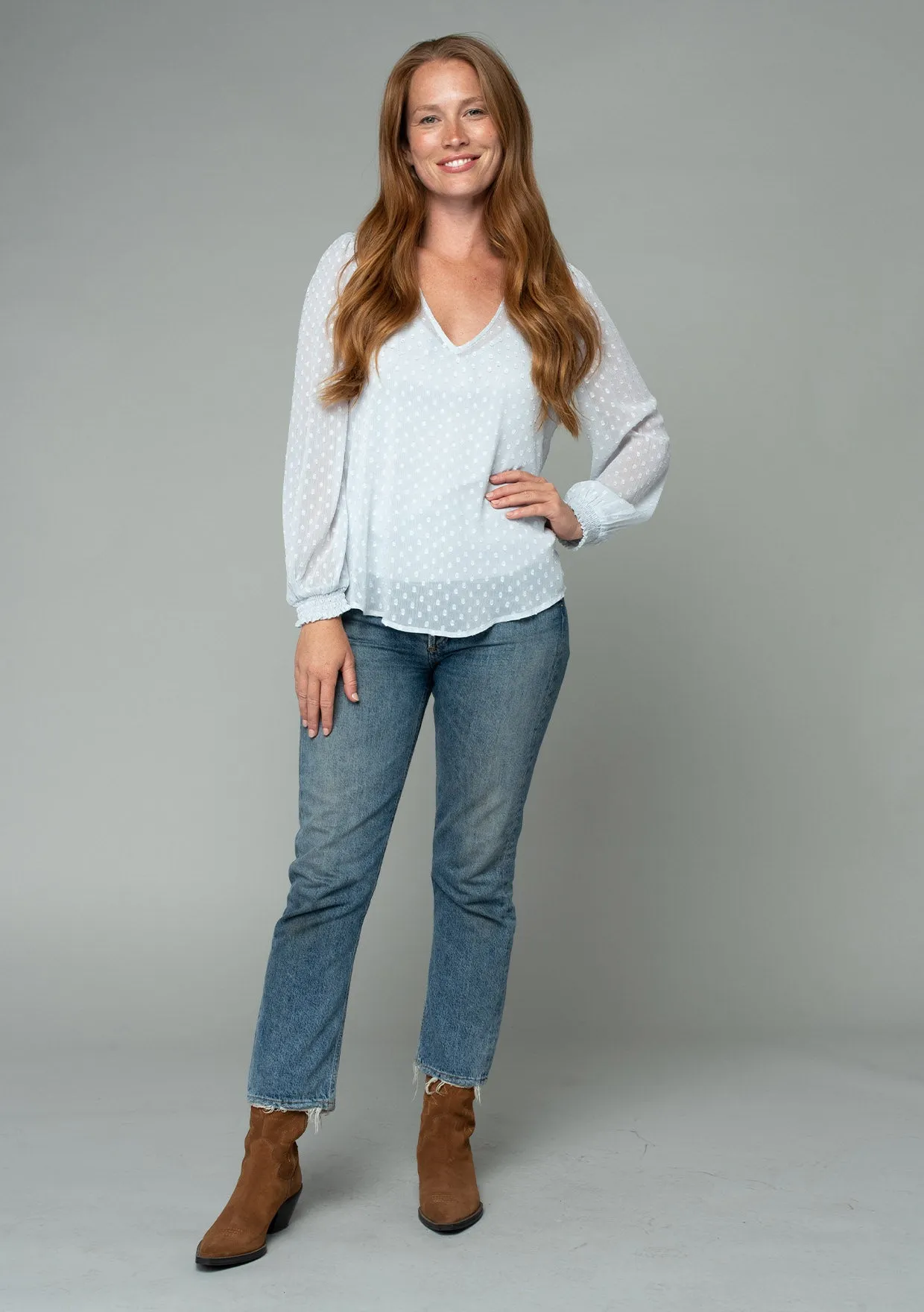 Sheer Swiss Dot Long Sleeve V Neck Blouse
