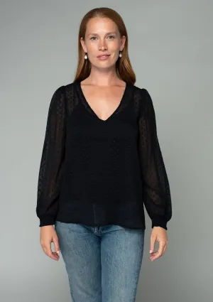 Sheer Swiss Dot Long Sleeve V Neck Blouse