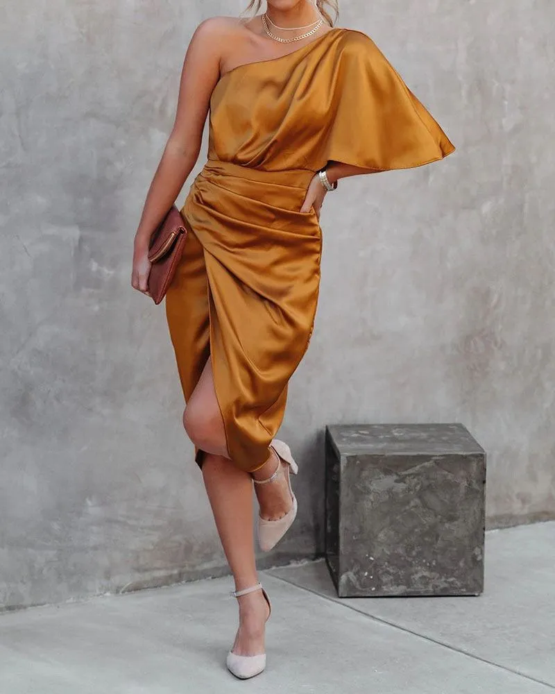 Slimming Cinched One Shoulder DrapedSatin Midi Dress