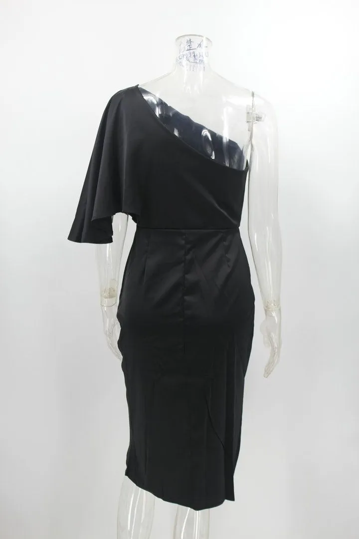 Slimming Cinched One Shoulder DrapedSatin Midi Dress