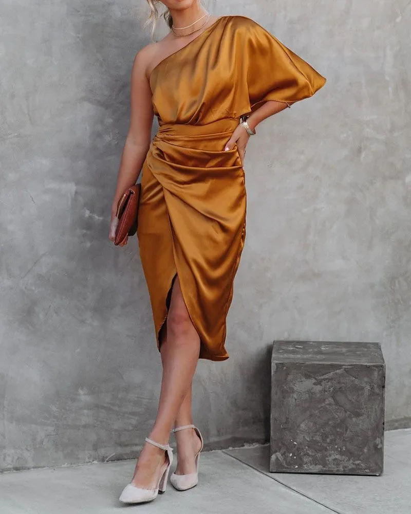 Slimming Cinched One Shoulder DrapedSatin Midi Dress