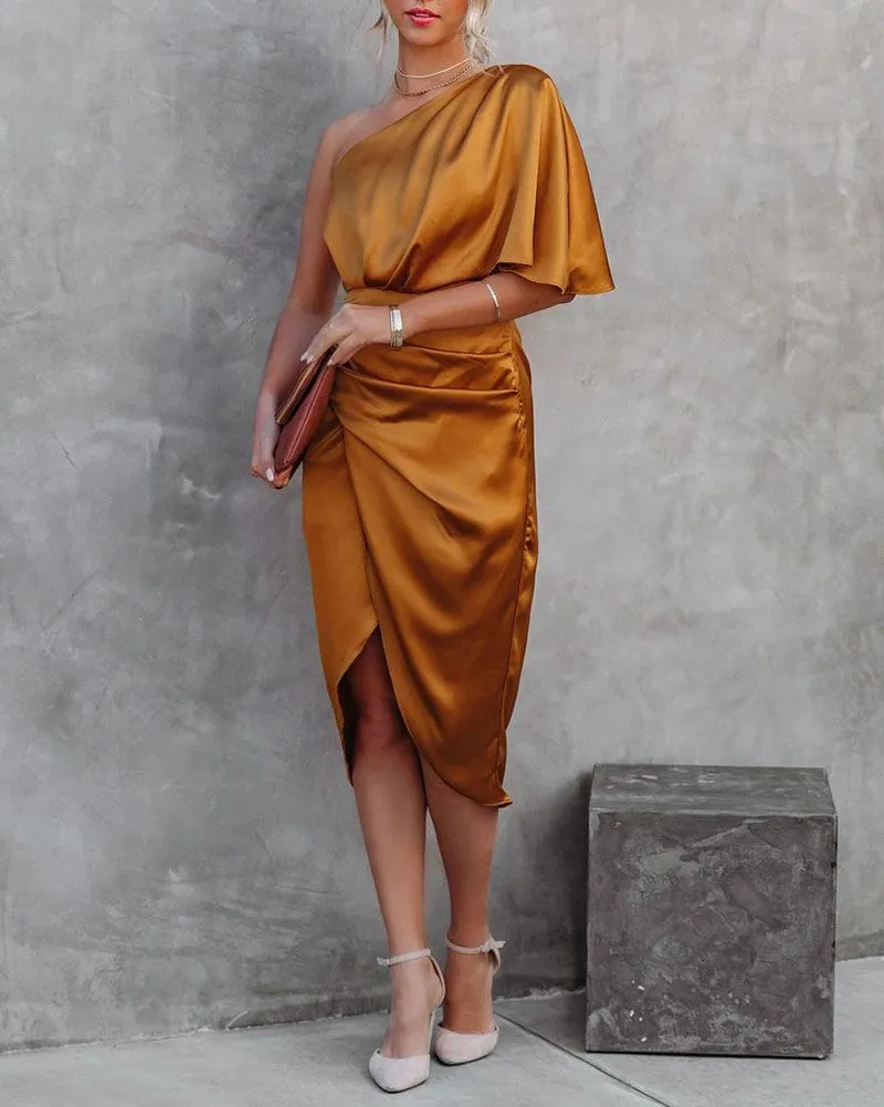 Slimming Cinched One Shoulder DrapedSatin Midi Dress