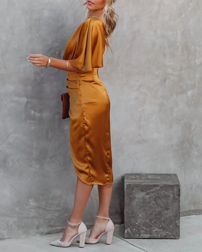 Slimming Cinched One Shoulder DrapedSatin Midi Dress