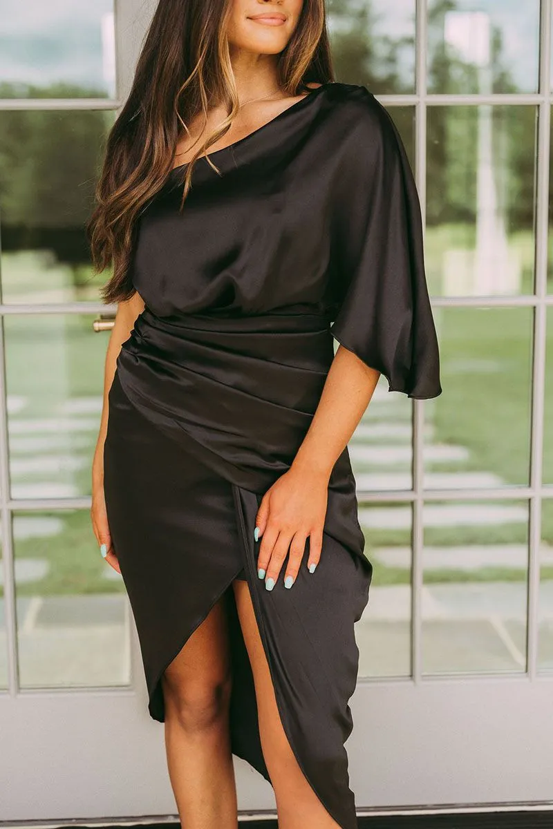Slimming Cinched One Shoulder DrapedSatin Midi Dress
