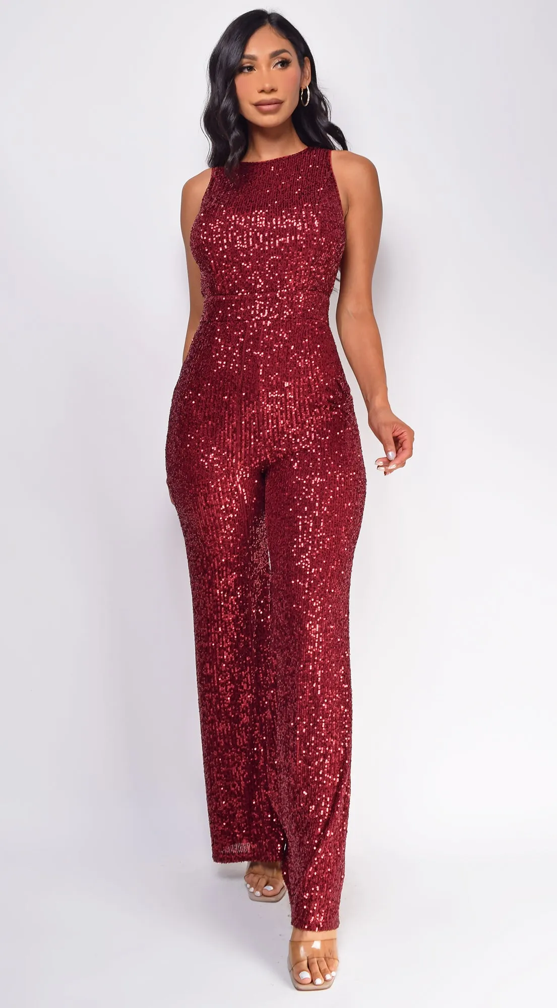 Sol Burgundy Red Sequin Jumpsuit